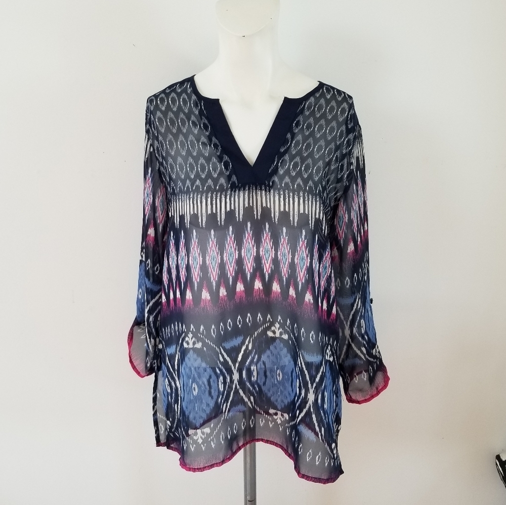Antilia Femme Aztec tribal sheer longsleeve Tunic